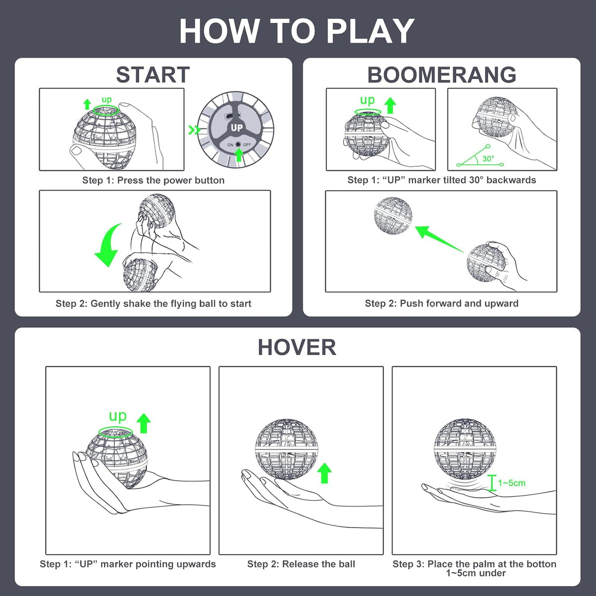 Illustrated instructions showing how to start, boomerang throw, and hover the flying orb toy