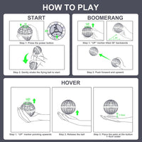 Illustrated instructions showing how to start, boomerang throw, and hover the flying orb toy