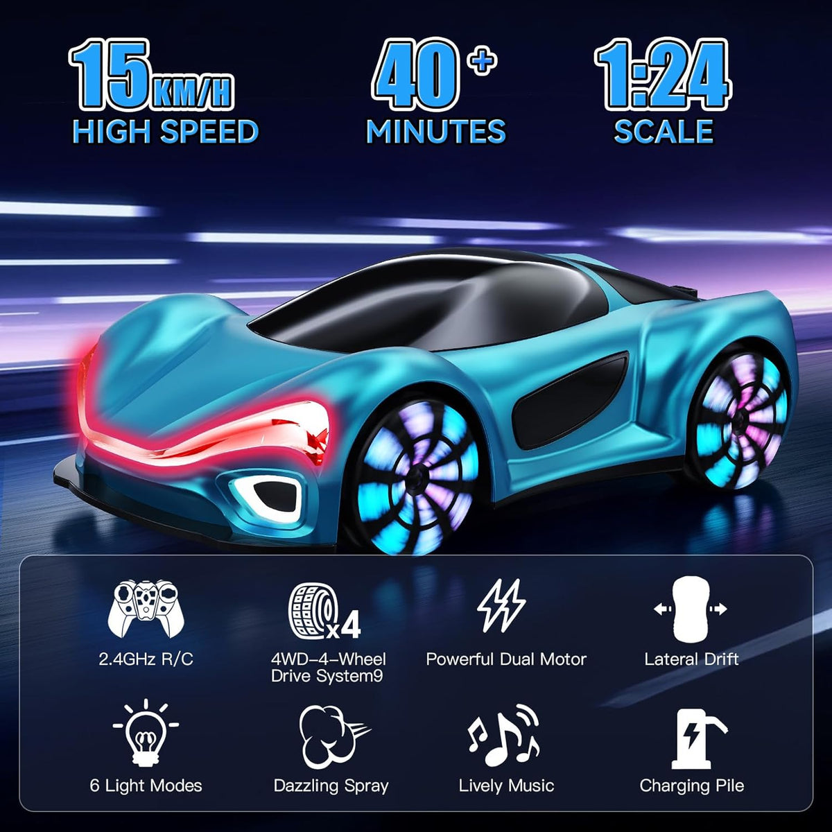 Remote Control Car, RC Car, Boys Toys, EV Sports Car with charger station, with sport light and water steam smoke