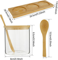 Glass spice jar, bamboo spoon, and three-jar tray with dimensions