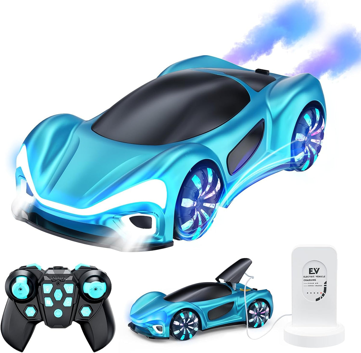 Remote Control Car, RC Car, Boys Toys, EV Sports Car with charger station, with sport light and water steam smoke