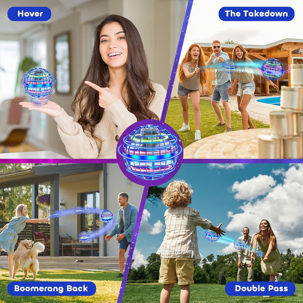Four-panel collage showing flying orb toy hover, takedown, boomerang return, and double-pass play modes