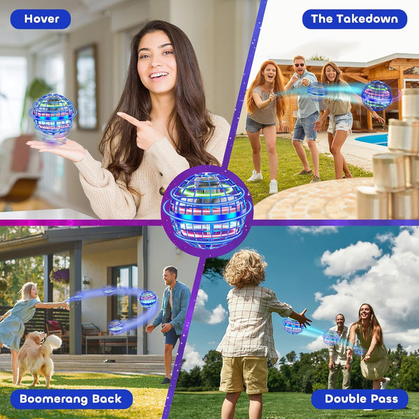 Four-panel collage showing flying orb toy hover, takedown, boomerang return, and double-pass play modes