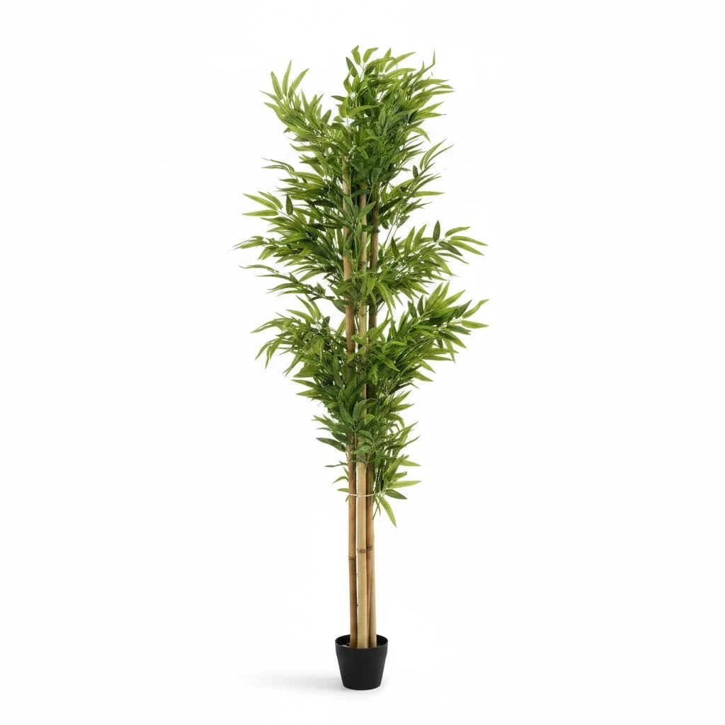 180 cm artificial bamboo tree with narrow green leaves and several bamboo-style canes in a black pot on a white background.