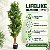 Artificial bamboo tree infographic showing dense green foliage, bamboo-style canes and a black pot with feature callouts.