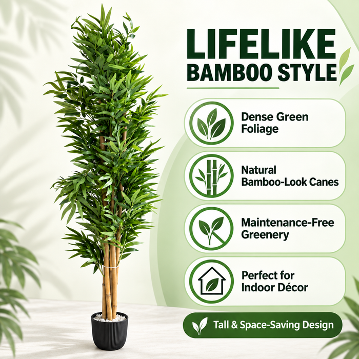 Artificial bamboo tree infographic showing dense green foliage, bamboo-style canes and a black pot with feature callouts.