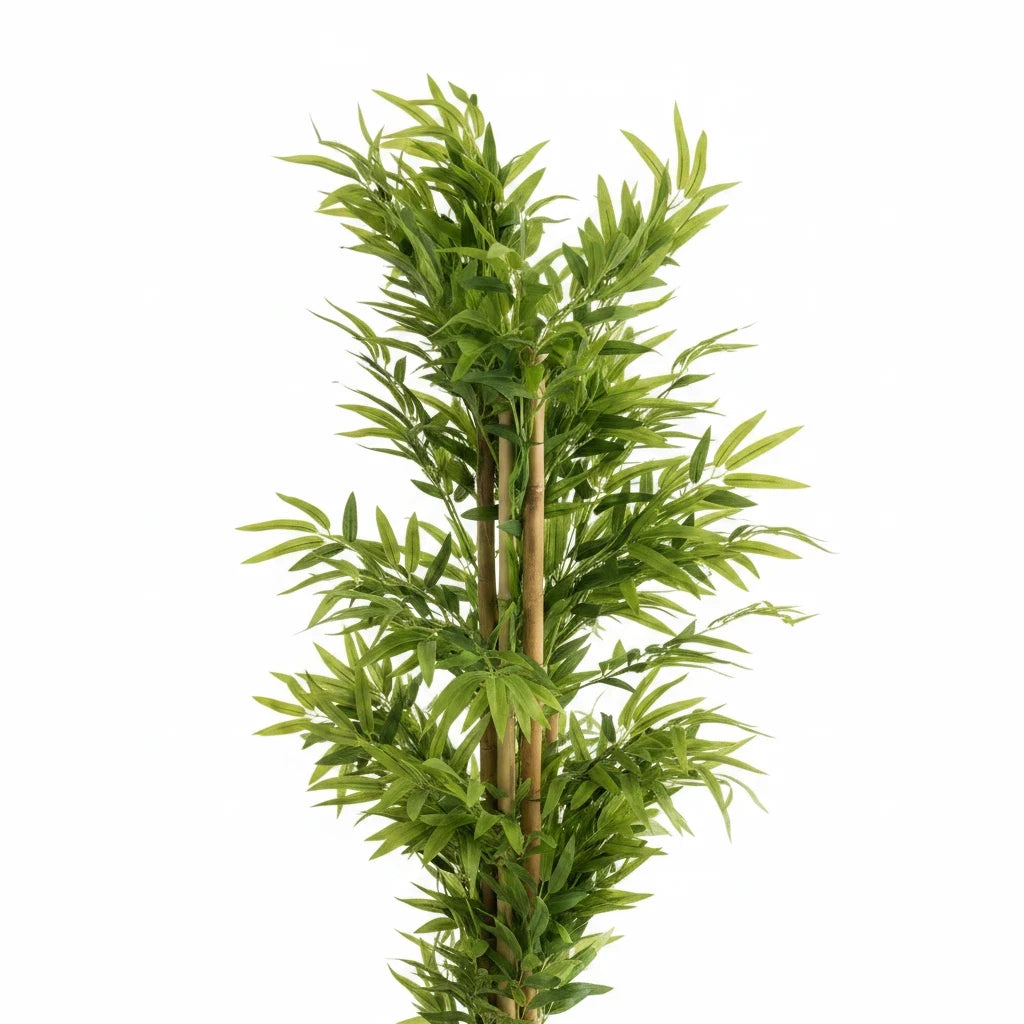 Close-up of narrow green leaves and bamboo-style canes on an artificial bamboo tree against a white background.