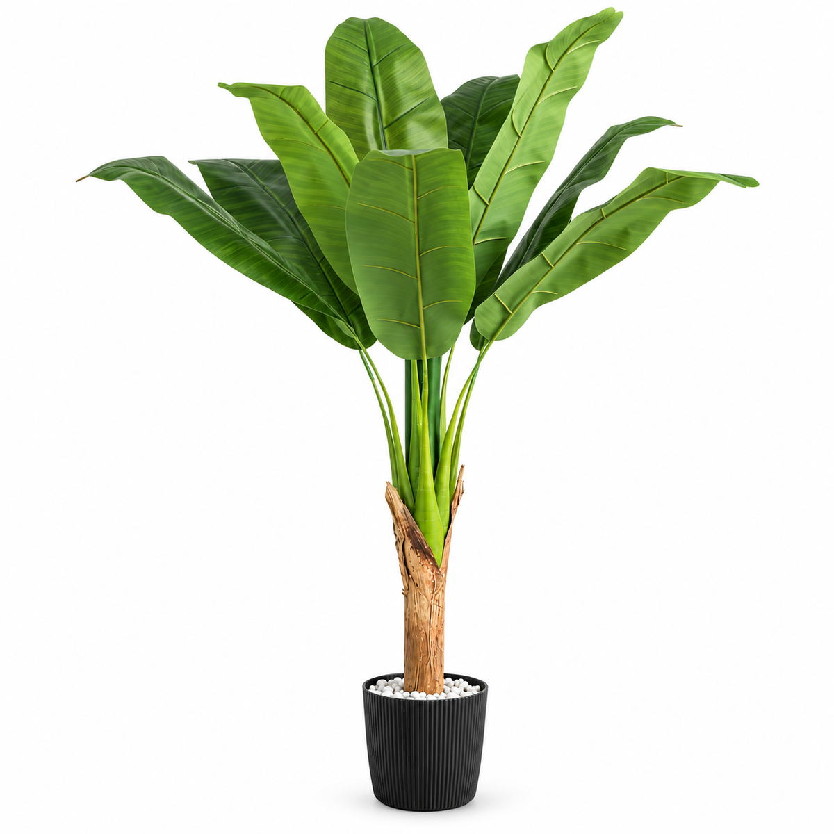 100 cm artificial banana tree with broad green leaves, one textured trunk and a black ribbed pot on a white background.