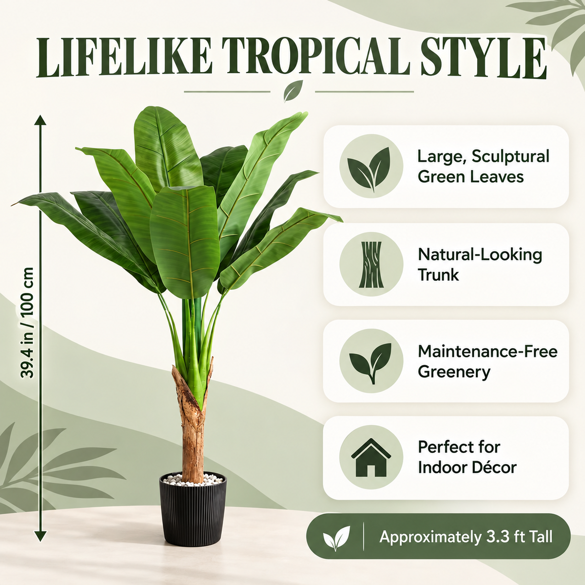 100 cm artificial banana tree infographic showing broad green leaves, a single trunk and black pot, with height and feature callouts.