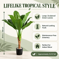 100 cm artificial banana tree infographic showing broad green leaves, a single trunk and black pot, with height and feature callouts.