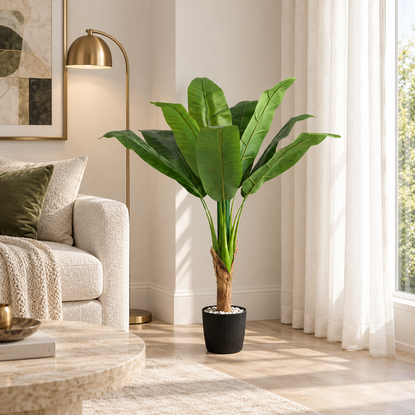 100 cm artificial banana tree with broad green leaves and a single trunk in a black pot beside a sofa and sunlit window.