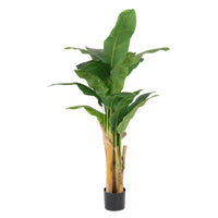 150 cm artificial banana tree with broad green leaves and three textured trunks in a black nursery pot on a white background.