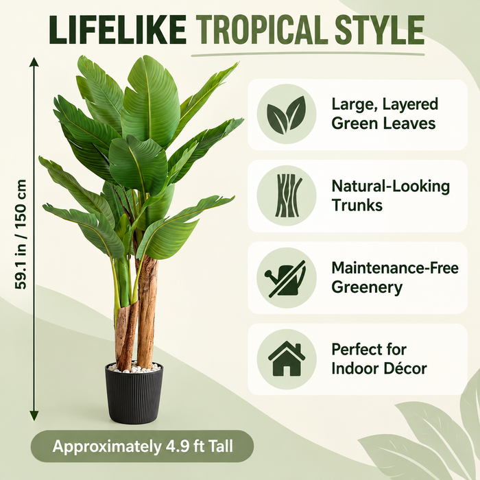 150 cm artificial banana tree infographic showing layered green leaves, three trunks and a black pot, with height and feature callouts.