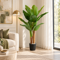 150 cm artificial banana tree with layered green leaves and three trunks in a black pot beside a beige sofa and sunlit window.