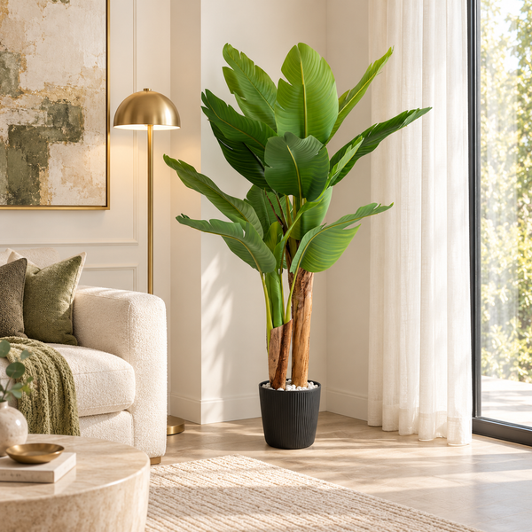 150 cm artificial banana tree with layered green leaves and three trunks in a black pot beside a beige sofa and sunlit window.