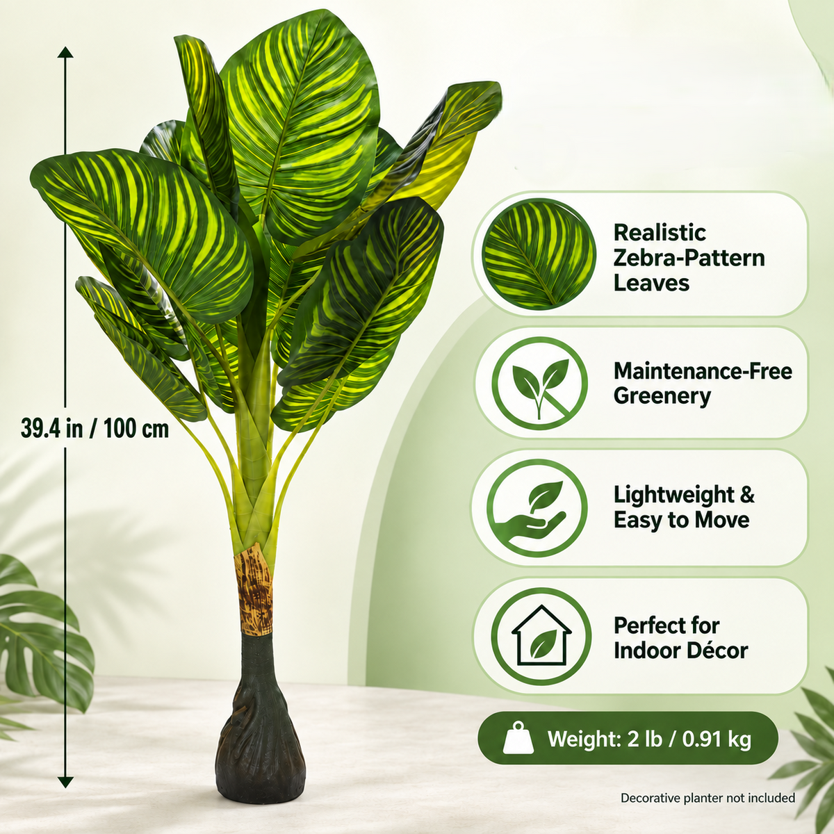 Artificial Calathea-inspired plant infographic showing zebra-pattern leaves, black base, 100 cm height and 2 lb weight.