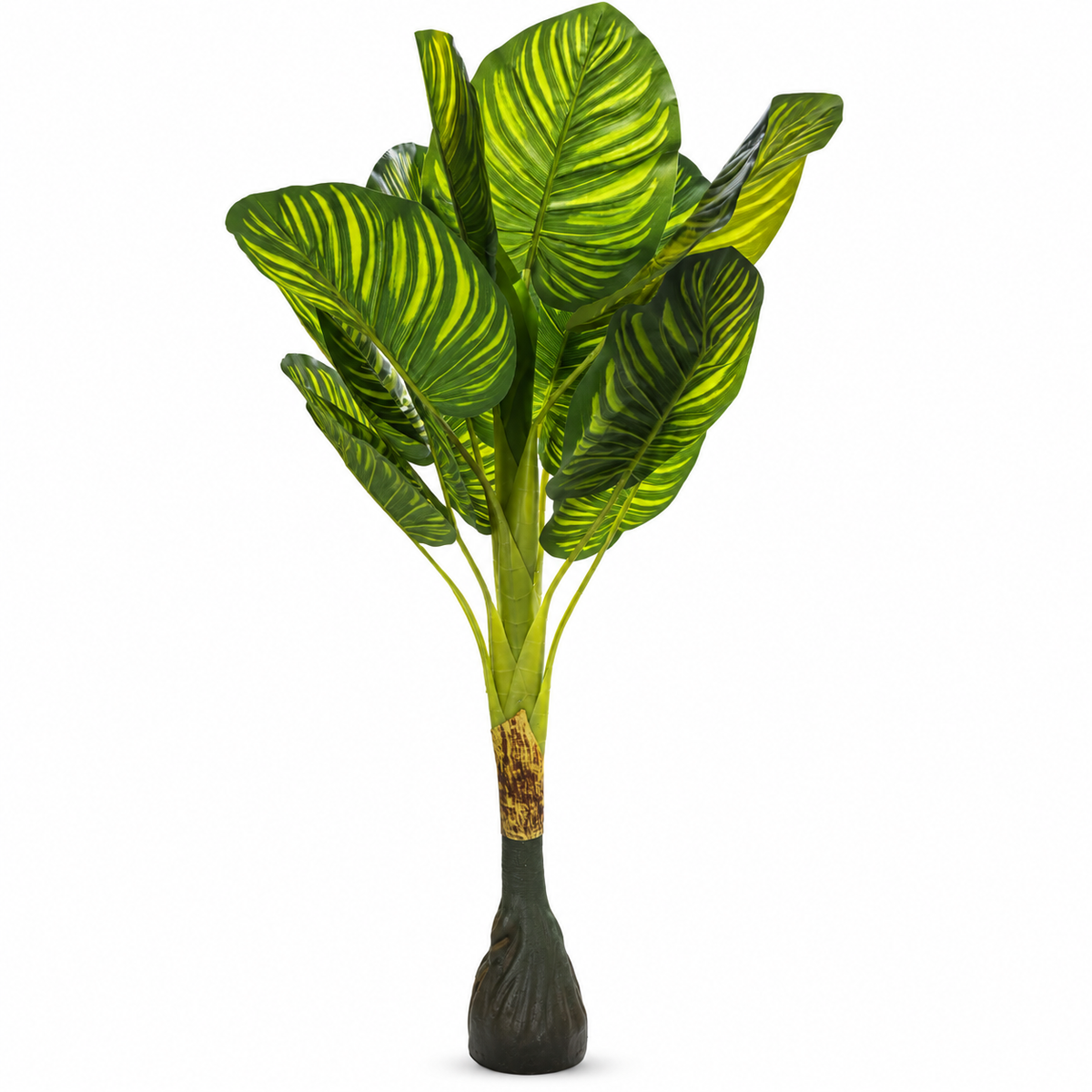 Artificial Calathea-inspired plant with green and lime zebra-pattern leaves and a compact black base on a white background.