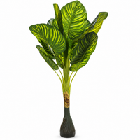 Artificial Calathea-inspired plant with green and lime zebra-pattern leaves and a compact black base on a white background.