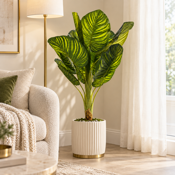 Artificial Calathea-inspired plant displayed in a white ribbed decorative planter beside a beige sofa and floor lamp.