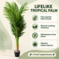 Artificial palm tree infographic showing layered green fronds and a black pot, with foliage and indoor decor feature callouts.