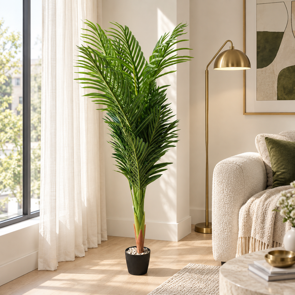 150 cm artificial palm tree with layered green fronds in a black pot beside a sunlit window, beige sofa and gold floor lamp.