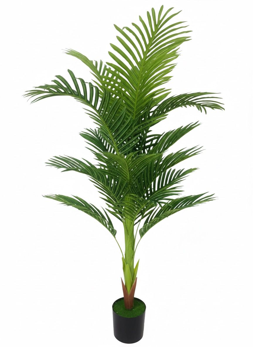 150 cm artificial palm tree with arching green fronds and a black nursery pot with a green surface on a white background.