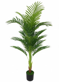 150 cm artificial palm tree with arching green fronds and a black nursery pot with a green surface on a white background.