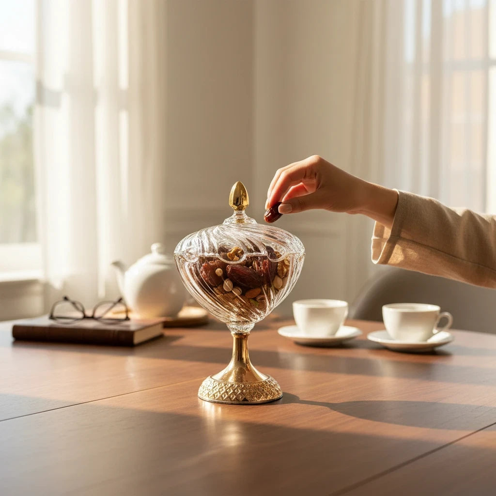 Glass pedestal candy dish with a gold base and lid, filled with dates on a dining table.