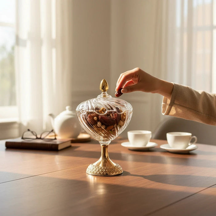 Glass pedestal candy dish with a gold base and lid, filled with dates on a dining table.