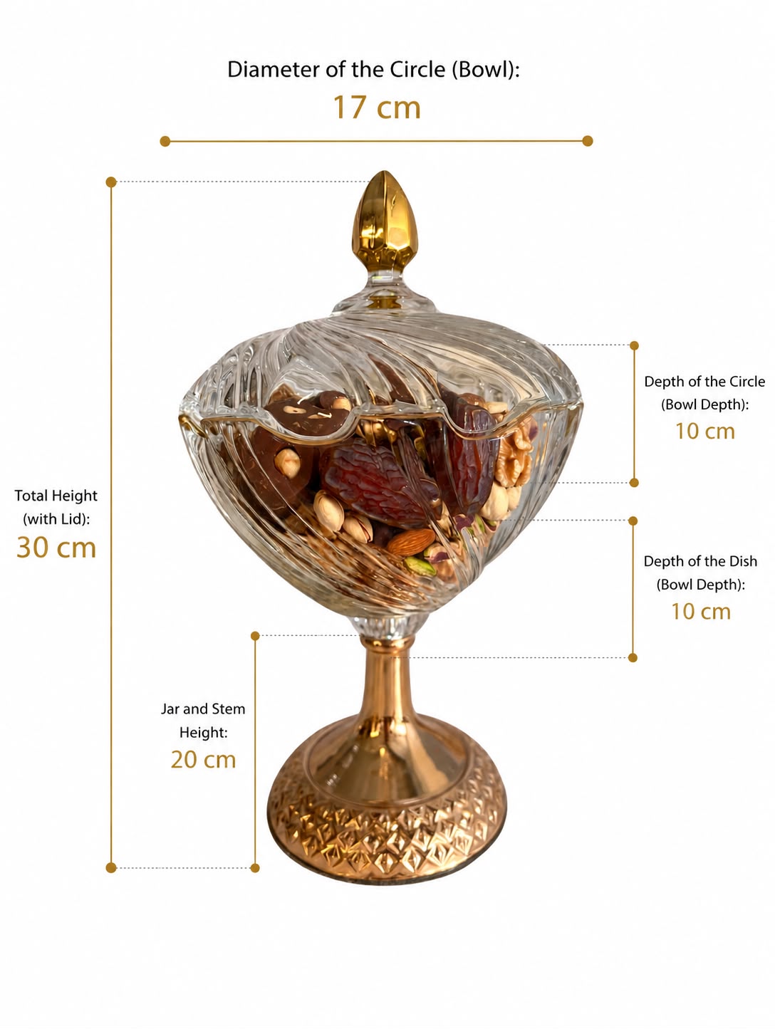 Clear glass pedestal candy dish with a gold-tone base and lid on a white background.