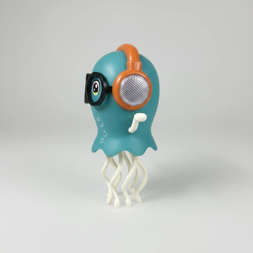 Blue dancing jellyfish toy with orange headphones, black glasses and white tentacles, shown from the side.