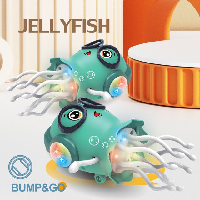 Two blue dancing jellyfish toys demonstrating the bump-and-go movement feature with colourful lights.