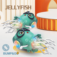 Two blue dancing jellyfish toys demonstrating the bump-and-go movement feature with colourful lights.