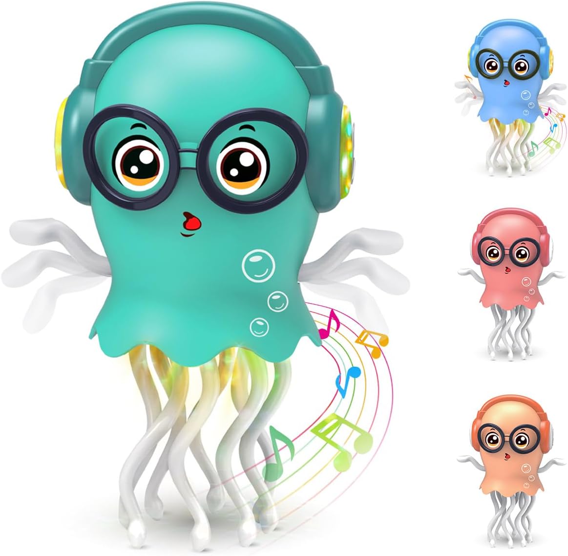 Blue dancing jellyfish toy with headphones and glasses, shown with pink, yellow and blue colour options.