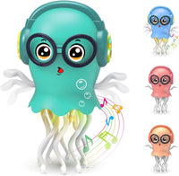 Blue dancing jellyfish toy with headphones and glasses, shown with pink, yellow and blue colour options.