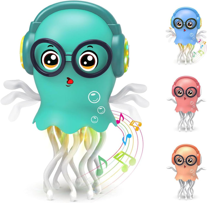 Blue dancing jellyfish toy with headphones and glasses, shown with pink, yellow and blue colour options.