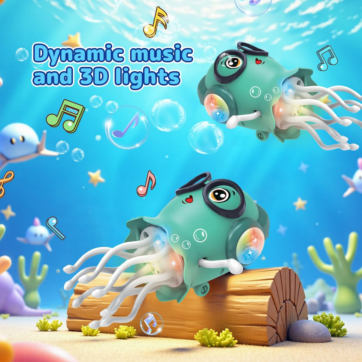 Blue dancing jellyfish toy moving underwater with music notes, bubbles and colourful 3D lights.