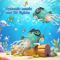 Blue dancing jellyfish toy moving underwater with music notes, bubbles and colourful 3D lights.
