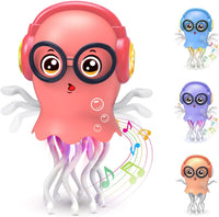 Pink dancing jellyfish toy with headphones and glasses, shown with blue, purple and orange colour options.