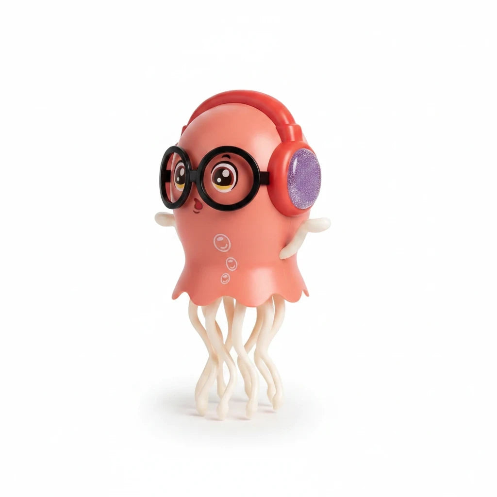 Pink dancing jellyfish toy with red headphones, black glasses and white tentacles on a white background.