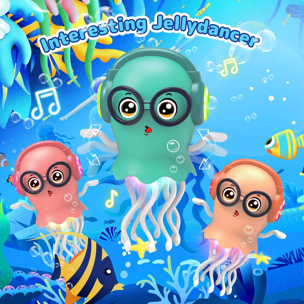 Pink, blue and yellow dancing jellyfish toys with headphones and glasses in a colourful underwater scene.