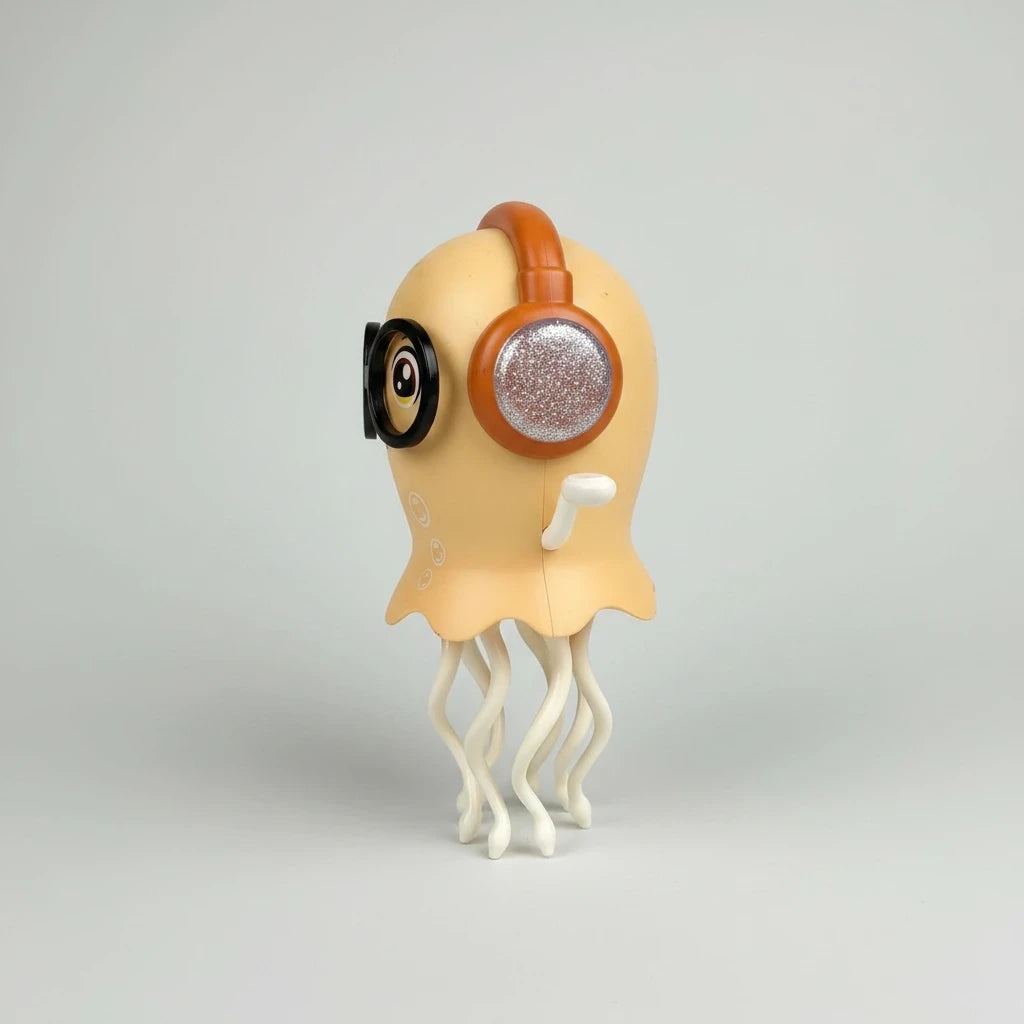 Yellow dancing jellyfish toy with orange headphones, black glasses and white tentacles, shown from the side.