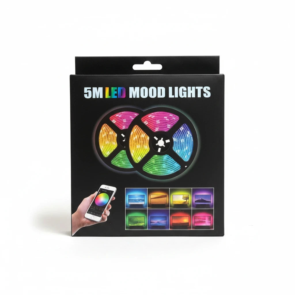 Trendiest 5M RGB LED mood light strip packaging showing app-controlled color settings and TV backlighting examples.