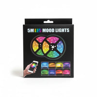 Trendiest 5M RGB LED mood light strip packaging showing app-controlled color settings and TV backlighting examples.