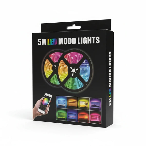 Trendiest 5-meter RGB LED mood light strip in retail packaging with smartphone app control interface