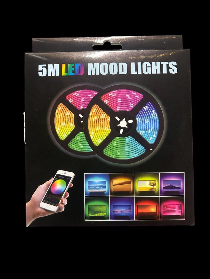 Trendiest 5M RGB LED mood light strip packaging showing app-controlled color options and TV backlighting examples