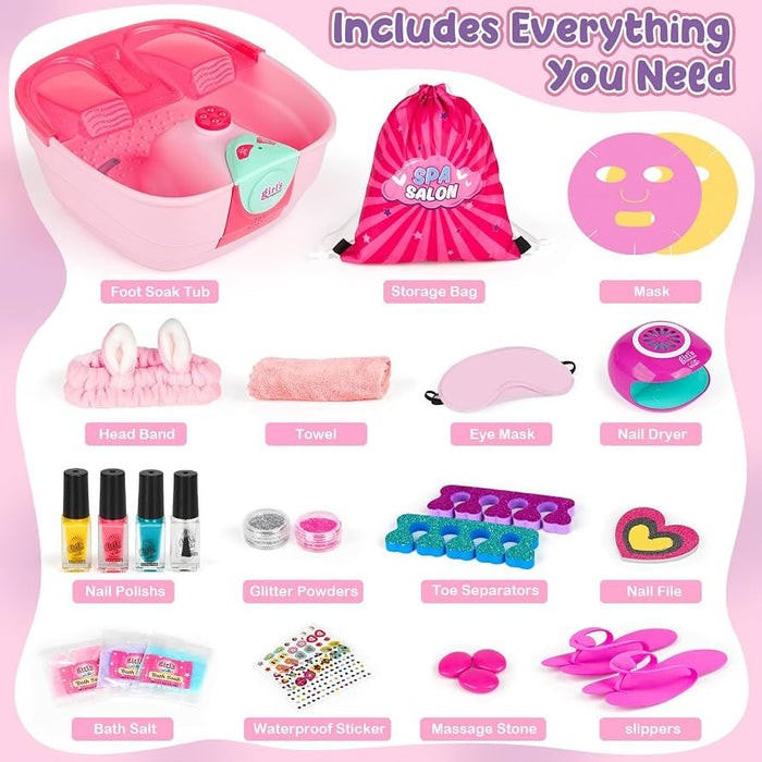 Trendiest kids home spa set with foot soak tub, nail dryer, polishes, glitter, and accessories in pink and teal.