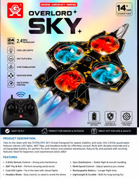 Trendiest Overlord SKY quadcopter drone with camouflage design, LED lights, and remote controller on product packaging