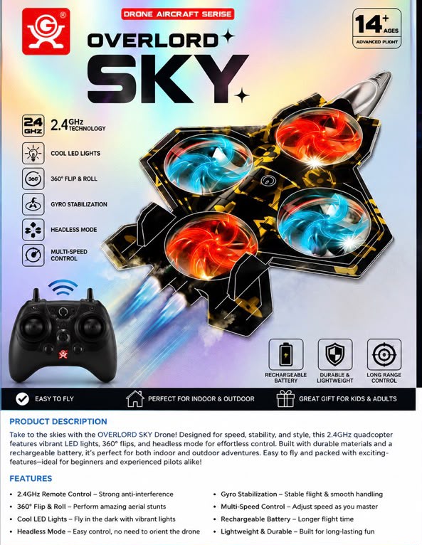 Trendiest Overlord SKY quadcopter drone with camouflage design, LED lights, and remote controller on product packaging