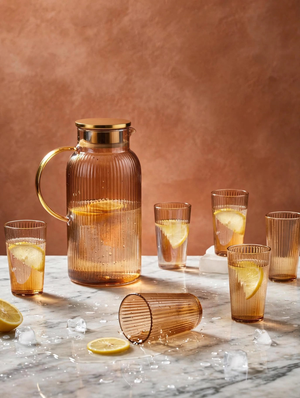 Trendiest 7-piece amber ribbed glass pitcher and tumbler set with gold accents and lemon slices on marble surface